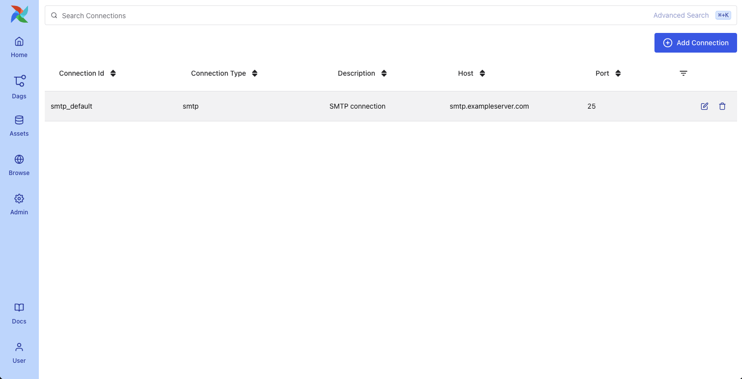 Screenshot of the Connections page showing 2 Airflow connections that have been configured.